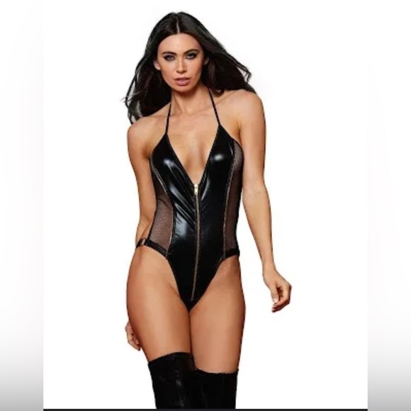 🦋B2G1🦋DREAMGIRL Stretch faux-leather & Fishnet teddy W/ Front Zipper & Open Back - Picture 1 of 4